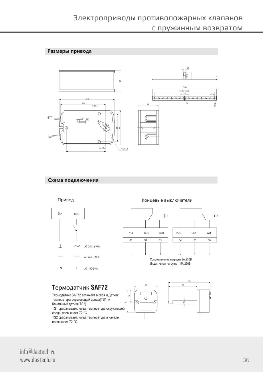 Размеры и схема подключения электропривода Dastech FR-05N220S