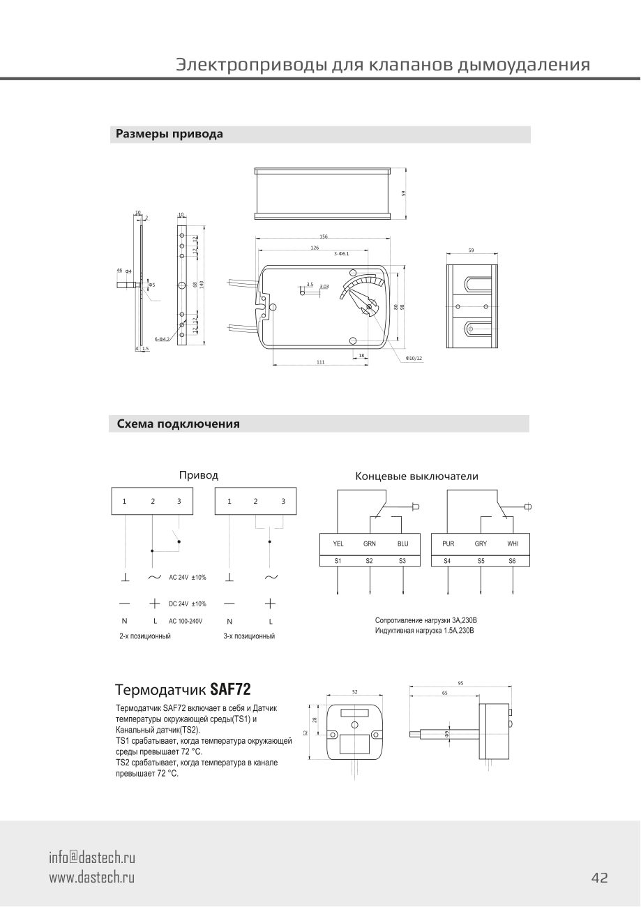 Размеры и схема подключения электропривода Dastech FS-15N24S